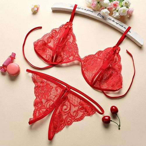 Ensemble de Lingerie en dentelle transparente pour femmes rouge