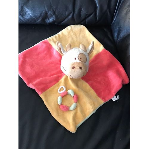 Doudou Plat Vache Carré Et Rose Fleurs Dessous Vert Oeil Marron Orange 