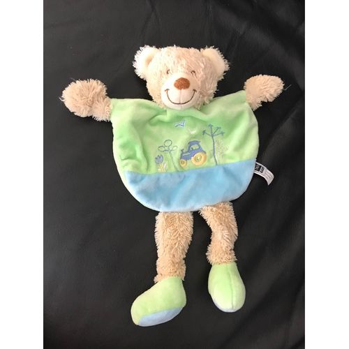 Ours Tex Carrefour Doudou Plat Bleu Et Vert Tracteur 30cm