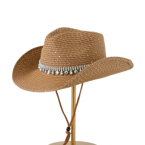 Chapeau De Paille À Pompon En Diamant,Chapeau Haut De Forme À Gros Bord,Pare-Soleil De Voyage,Chapeau De Plage À La Mode,Cravate Au Cou