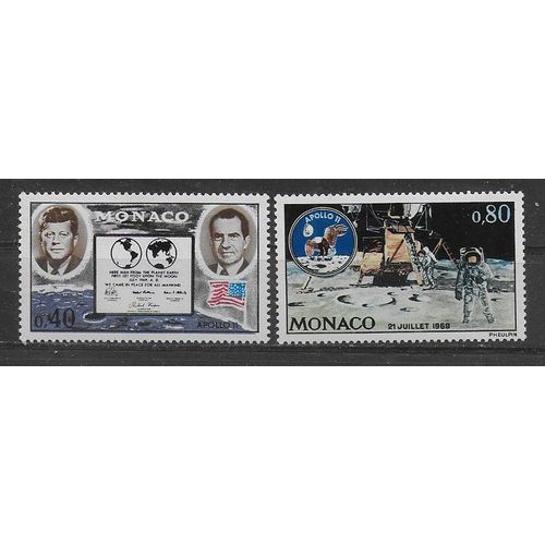 Monaco 1970 : Espace : Apollo 9 : Présidents Kennedy Et Nixon Et Plaque Commémorative Sur La Lune / La Marche Sur La Lune - Série Entière De 2 Timbres Neufs **