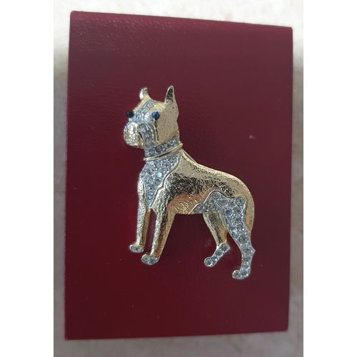 Broche Marque D'orlan. Chien Boxer Ou Terrier De Boston - Plaqué Or 22 Carats + Cristaux Swarovski - Années 70/80