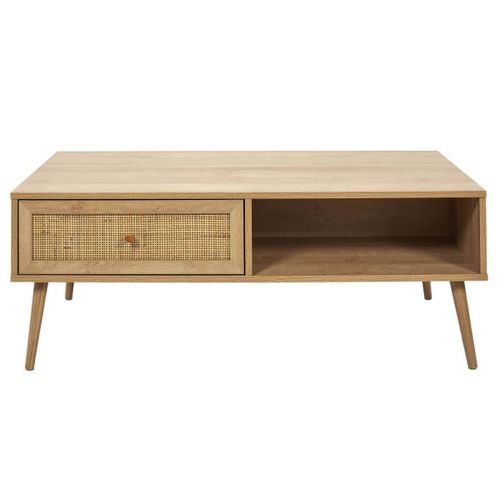 Maya - Table Basse 1 Tiroir Effet Bois Et Façade Rotin