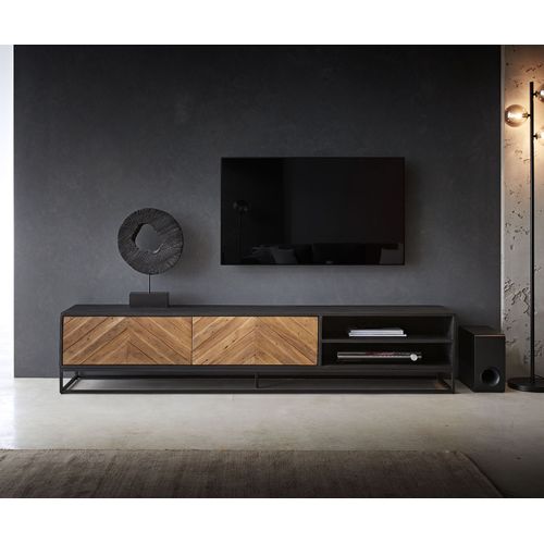 Table Tv Famke Mangue Teck 200 Cm 2 Portes 2 Compartiments Meuble Tv