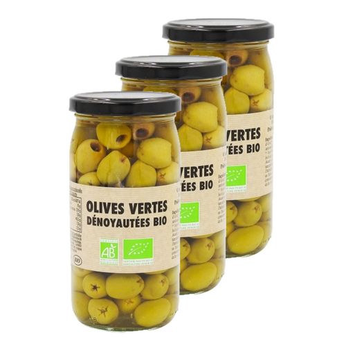 Lot 3x Olive Verte Dénoyautée Bio - Pot 370ml