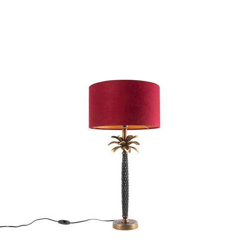 Qazqa Art Deco Lampe À Poser Art Déco Bronze Abat-Jour Velours Rouge 35 Cm - Areka Aluminium /Tissu Rouge,Bronze Cylindre /Oblongue /Bio / Luminaire / Lumiere / Éclairage / Intérieur / Salon...