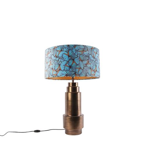 Qazqa Art Deco Lampe De Table / Lampe Á Poser / Luminaire / Lumiere / Éclairage Bronze Avec Abat-Jour Papillon Velours 50 Cm - Bruut Acier /Tissu Multicolore,Bronze Cylindre /Oblongue /...