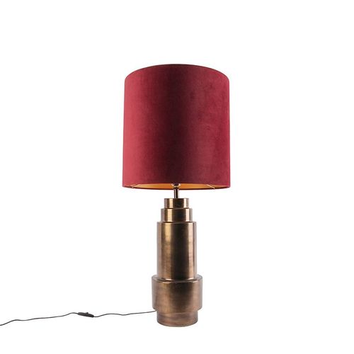 Qazqa Art Deco Lampe De Table / Lampe Á Poser / Luminaire / Lumiere / Éclairage Art Déco Bronze Velours Abat-Jour Rouge Avec Or / Dorée / D'or 50cm - Bruut Acier /Tissu Rouge,Bronze Cylindre...