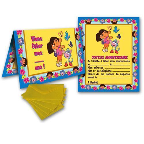 6 Cartes D'invitation  + 6 Enveloppes Dora L'exploratrice