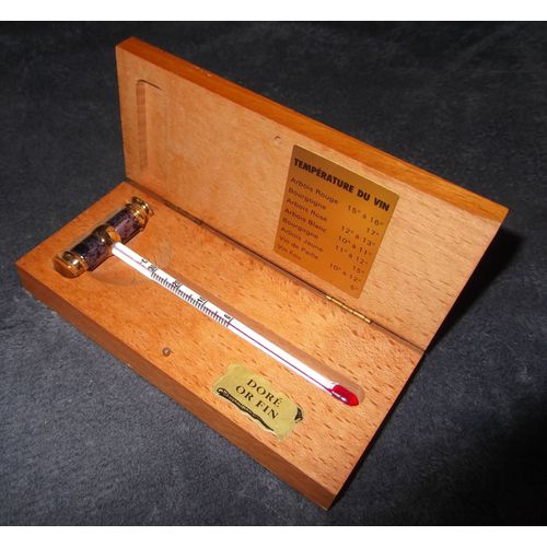Thermometre A Vin Doré A L 'or Fin En Coffret Chéne