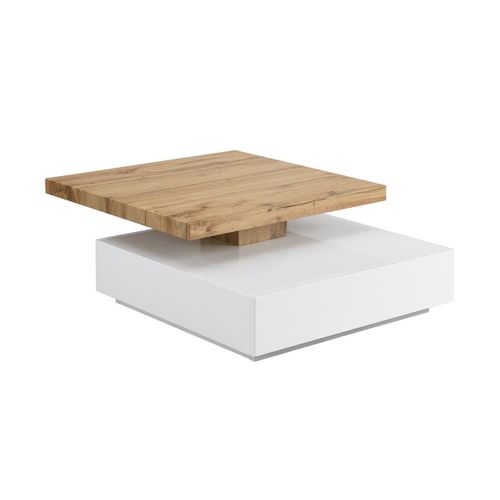 Table Basse Kyria - 1 Tiroir & Plateau Pivotant - Mdf - Coloris : Blanc Et Chêne