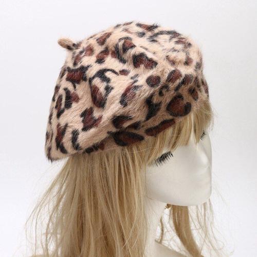 Femmes Hiver Béret chapeau de fourrure de lapin léopard imprimé Beanie artiste chapeau vintage Chaud 