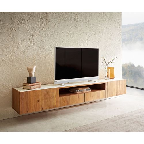 Meuble-Tv Secara 220 Cm Acacia Naturel 2 Portes 2 Tiroirs Marbre Flottant