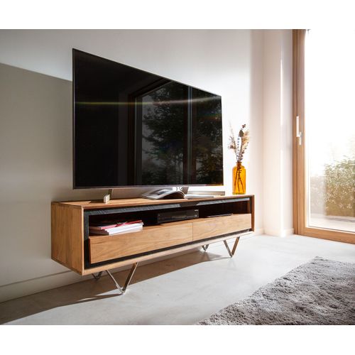 Plateau-Tv Stonegrace Acacia Nature 145 Cm 1 Compartiment 2 Tiroirs Placage En Pierre Buffet Bas ? Pieds En V