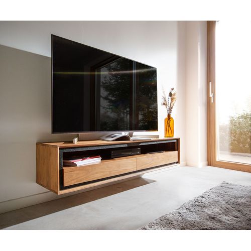 Plateau-Tv Stonegrace Acacia Nature 145 Cm 1 Compartiment 2 Tiroirs Placage En Pierre Buffet Bas Flottant