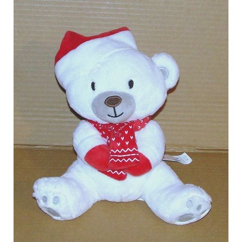 Peluche Ours Blanc Noel Sergent Major - Doudou Ourson Assis Bonnet Echarpe Rouge Ideal