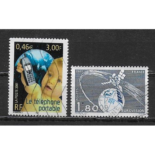France 1980/2001 : Espace : Le Téléphone Portable Par Satellite / Satellite Autour De La Terre - Lot De 2 Timbres Oblitérés