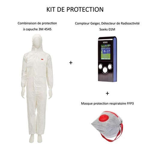 PACK Compteur Geiger, Détecteur de Radioactivité Nucléaire Soeks 01M + Vêtements de protection à capuche Combinaison 3M 4545 Taille XL + Masque FFP3 - Détecte les particules Bêta Rayons X Gamma