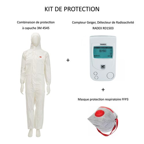 PACK Compteur Geiger, Détecteur de Radioactivité Nucléaire RADEX RD1503 + Vêtements de protection à capuche Combinaison 3M 4545 Taille L + Masque FFP3 - Détecte les particules Bêta Rayons X Gamma