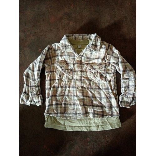 Chemise T Shirt Ml Carreaux Beige Vert Anis Garçon 23 Mois Très Bon État