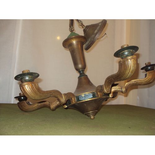 Lustre En Bronze De Caractère - 6 Bras - Xxe Siècle