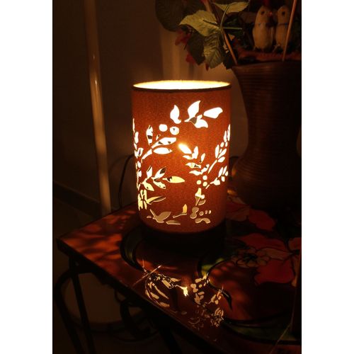 Lampe De Chevet - Motif Feuillage Ajouré - Beige/Marron - Texture Peau De Pêche - 40w Maxi - H20 - D12 Cm