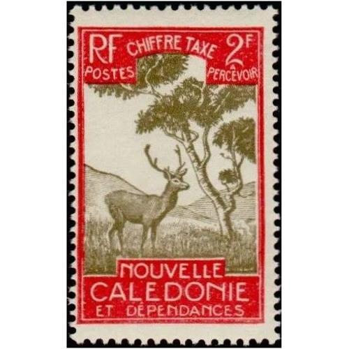Nouvelle Calédonie, Colonie Française 1928, Beau Timbre Taxe Yvert 37, Cerf Et Niaouli 2f. Rouge Et Gris Olive, Neuf* -