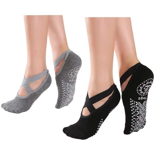2 Paires Chaussettes De Yoga Antidérapantes, Chaussettes De Pilates Antidérapantes Avec Poignées (Noir,Gris)