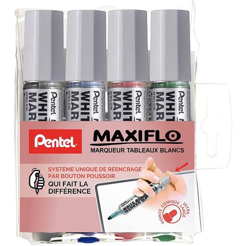 Pentel Maxiflo Pochette 4 Marqueurs tableau blanc Pointe biseautée moyenne Assortis Noir/Bleu/Rouge/Vert 