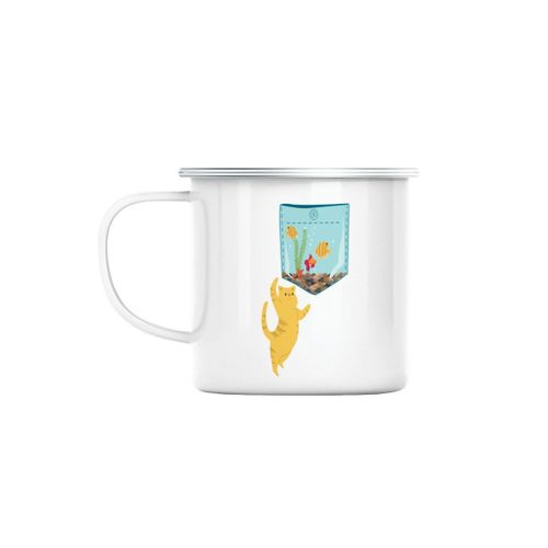 Mug En Métal Emaillé Poche Surprise Chat Aquarium Poisson Dessin