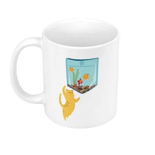 Mug Céramique Poche Surprise Chat Aquarium Poisson Dessin
