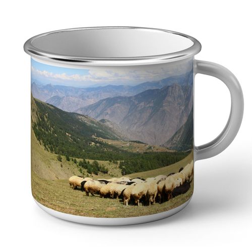 Mug En Métal Emaillé Bateau Ancien Devant Coucher De Soleil Trois Mats Galion Pirate