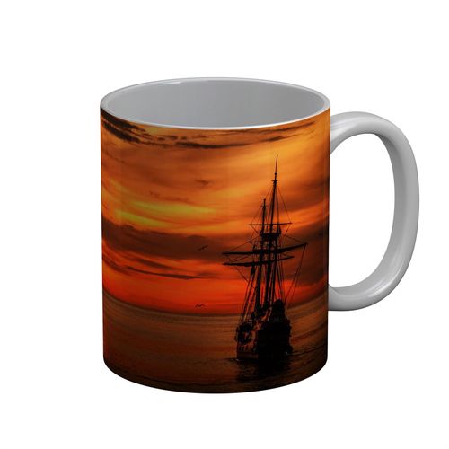 Mug Céramique Bateau Ancien Devant Coucher De Soleil Trois Mats Galion Pirate