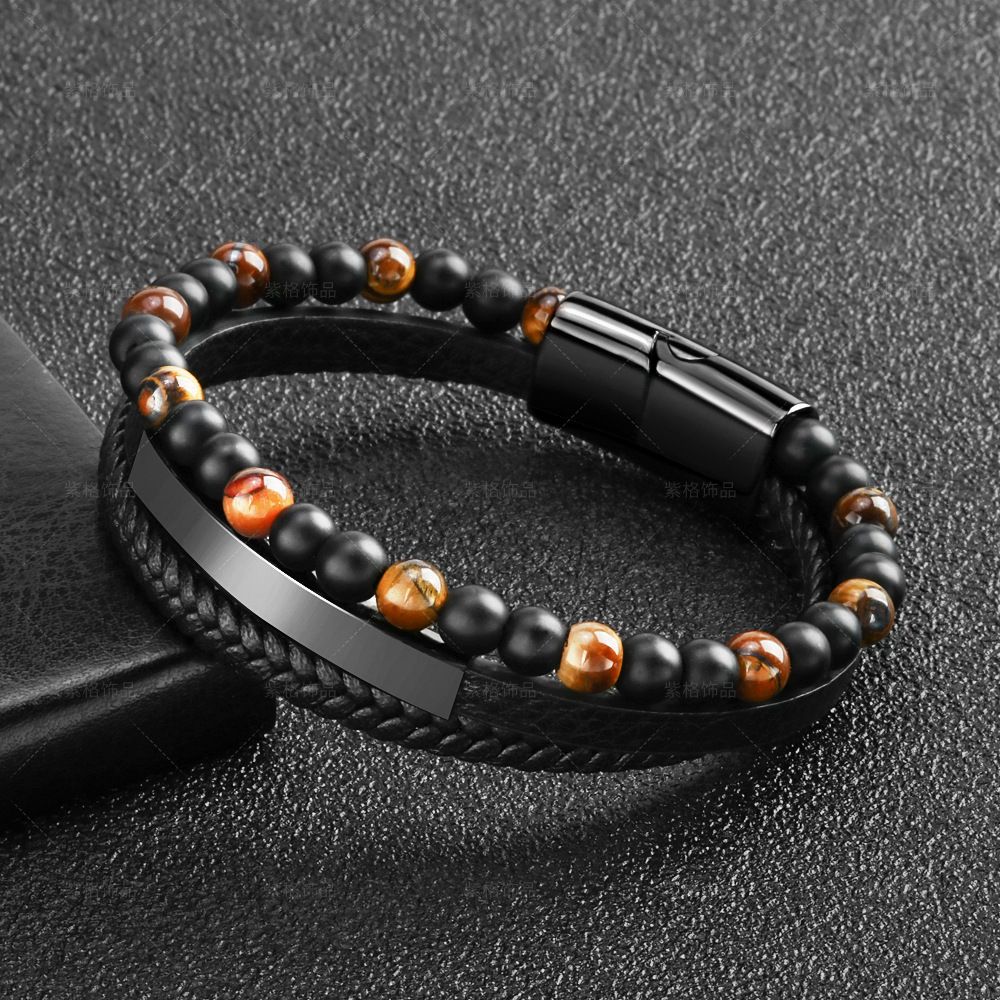 Perles En Pierre Naturelle D'oeil De Tigre, Bracelet Tressé En Corde De Cuir, Bracelet Noir En Cuir De Vachette Multicouche Pour Hommes