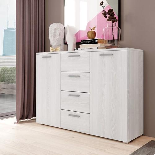 Commode Design 2 Portes Et 4 Tiroirs 130cm. Collection Floyd Effet Bois Blanc