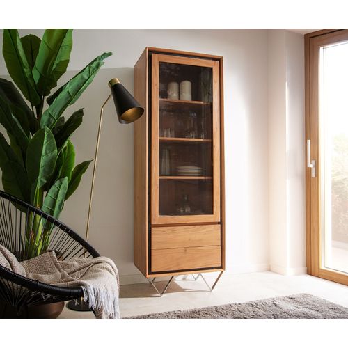 Vitrine Stonegrace Acacia Nature 60x175 1 Porte 2 Tiroirs Placage En Pierre Pieds En Vvitrine