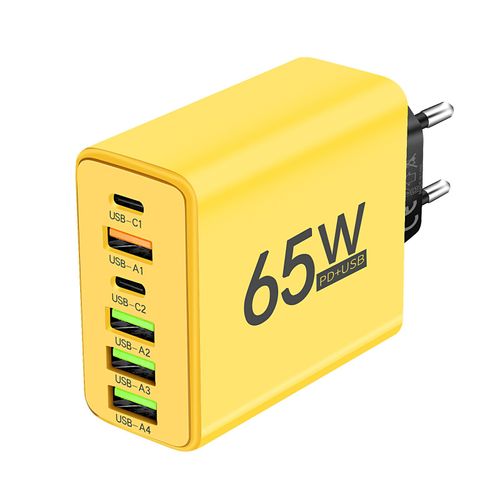 Chargeur Rapide Usb 65w À 6 Ports,Qc 3.0,Adaptateur De Charge De Voyage Pour Iphone 14,Samsung,Xiaomi,Adaptateur De Téléphone Portable,Prise Eu/Us - Type Eu Yellow