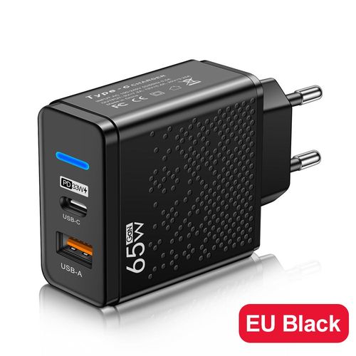 Led 65w Usb-A + Usb-C Fast Pd Chargeur Pour Iphone Samsung Xiaomi Huawei Redmi Honor Poco Usb Chargeur Mural Adaptateur Secteur Eu/Us/Uk - Type Eu-Black