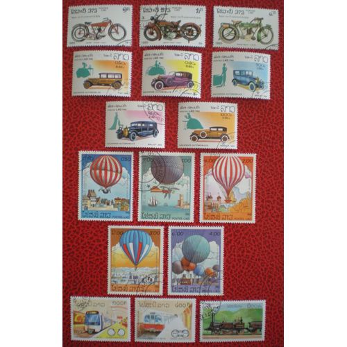 Lot De 16 Timbres Oblitérés - Laos - Transports - Motos - Voitures - Anciennes Automobiles - Ballons - Métro - Train - Locomotive