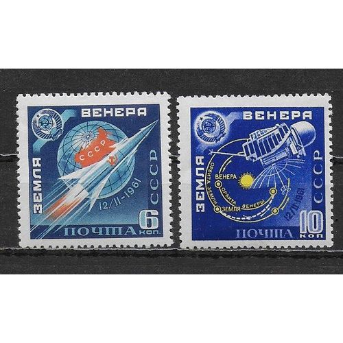Russie 1961 : Espace : Lancement Vers Vénus De La Sonde : Départ De La Fusée / Appareil Scientifique Et Graphique Du Circuit De Vénusik - Série Entière De 2 Timbres Neufs *