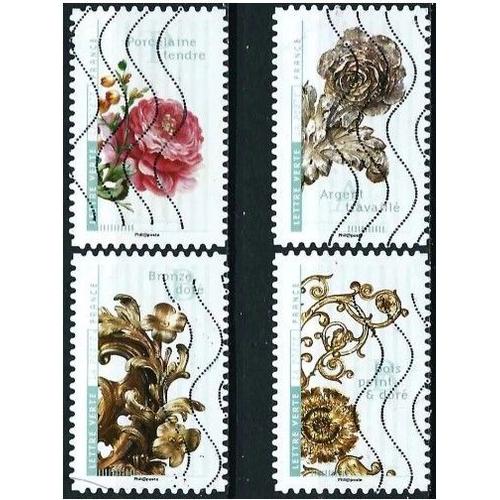 France 2017, Fleurs Et Métiers D'art, Beaux Timbres Yvert 1411 Bois Peint Doré, 1412 Argent Travaillé, 1414 Bronze Doré, Et 1416 Porcelaine Tendre, Obli. Tbe -