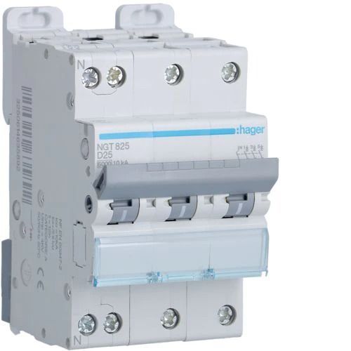 Disjoncteur 3P+N 6-10kA courbe D - 25A 3 modules Hager NGT825