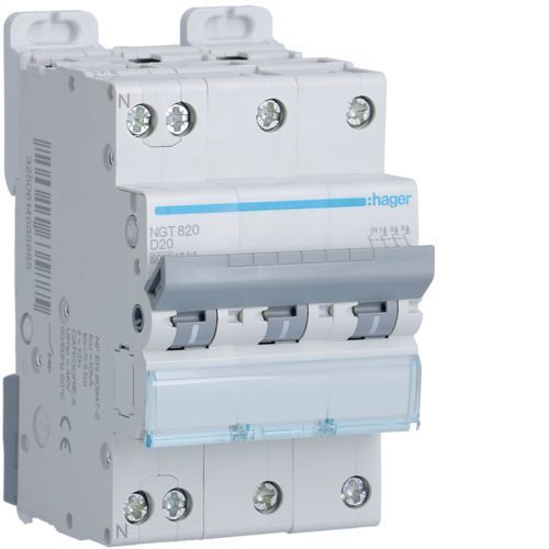 Disjoncteur 3P+N 6-10kA courbe D - 20A 3 modules Hager NGT820