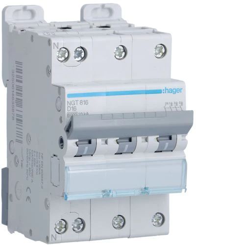 Disjoncteur 3P+N 6-10kA courbe D - 16A 3 modules Hager NGT816