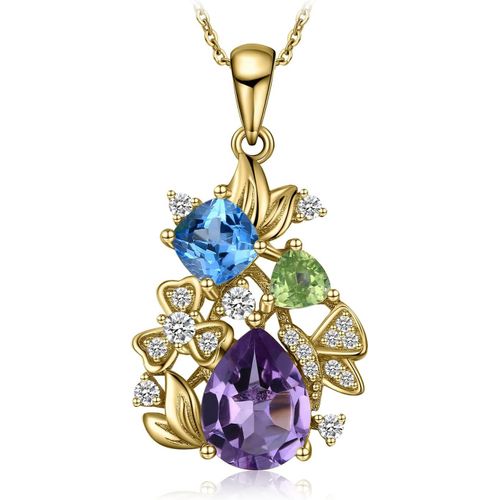 2.2ct Naturelle Topaze Bleu Amethyste Peridot Fleur Pendentif En Argent 925 Femme, Collier Multicolore Ensemble De Bijoux, Plaqu Or Jaune Or Rose Collier Chaine Cadeau Anniversaire 45cm[Q4693]