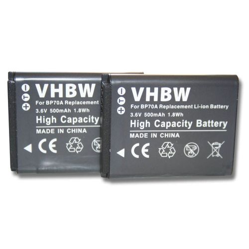 2 batteries 500mAh pour appareil photo Samsung PL200, SL50, SL600, SL630, ST30, ST60, ST61, ST65, ST66 remplace BP70a / BP-70a / SLB-70A / EA-BP70A