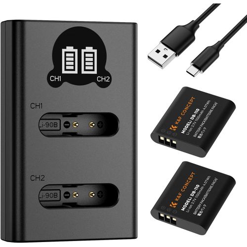 2 Batteries DB-110 + Chargeur LCD  Double Fente Compatible avec Utilisant des Batteries Li-90B/Li-92B Olympus TG7/6/5/4,Ricoh GR III,GR IIIx,Theta X,WG-6,G900,G900 II,G900SE II.
