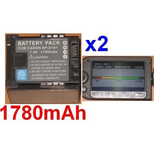 2 Batteries Pour Canon **Info-Lithium** BP-819 BP819 Vixia HF10 HF11 HF100 HG20 HG21 FS10 FS11 FS100, Flash Memory Camcorder FS10 FS100 FS11 **1780mAh**