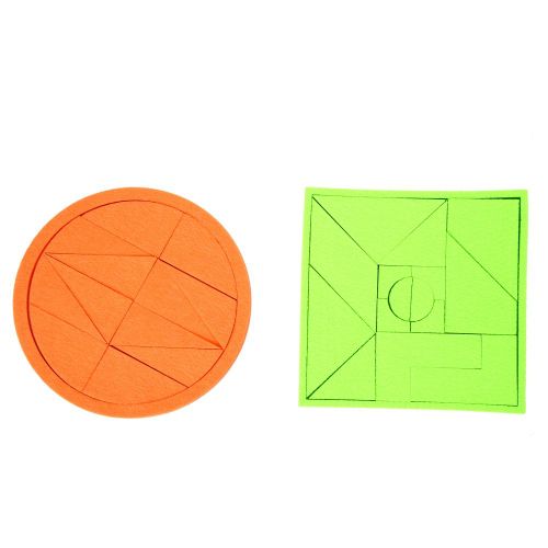 2 ensembles de 13 puzzles tangrams en feutre orange et 16 puzzles tangrams en feutre vert fluorescent