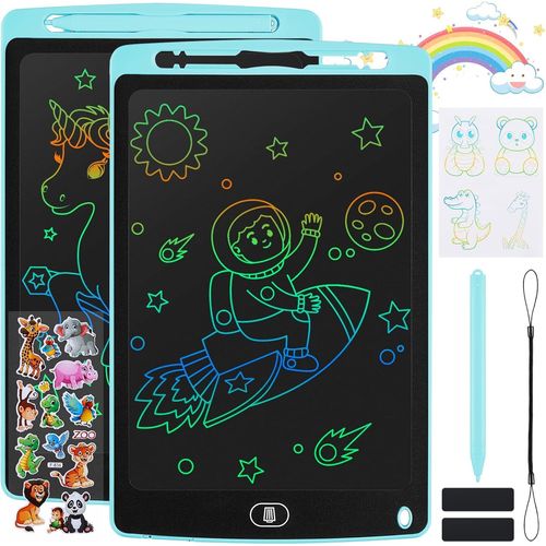2 Pack Tablette D'criture LCD 10 Pouces,LCD Tablette Dessin avec Ecran Color,Bloc D'criture Effaable avec des Autocollants d'animaux,pour Garons et Filles de 3 4 5 6,Bleu+Bleu